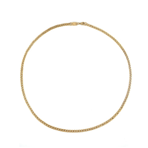 Mirik men's necklace by Five Jwlry, designed with a 4mm flat wide woven Cuban link chain in a gold hue, made from water-resistant 316L stainless steel. Offered in sizes 45cm, 50cm, and 55cm. Hypoallergenic and backed by a 2-year warranty.