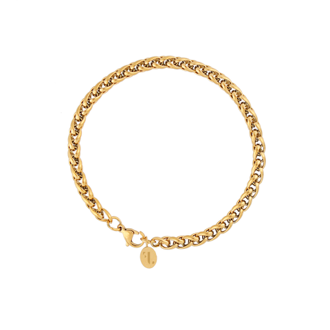 TAGE men's bracelet by Five Jwlry, designed with a 5mm wheat chain inspired by flower basket chains in gold-colored, water-resistant 316L stainless steel. Available in sizes 20cm and 23cm. Hypoallergenic with a 2-year warranty.