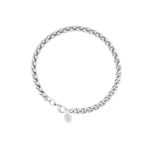 TAGE men's bracelet by Five Jwlry, designed with a 5mm wheat chain inspired by flower basket chains in silver-colored, water-resistant 316L stainless steel. Available in sizes 20cm and 23cm. Hypoallergenic with a 2-year warranty.