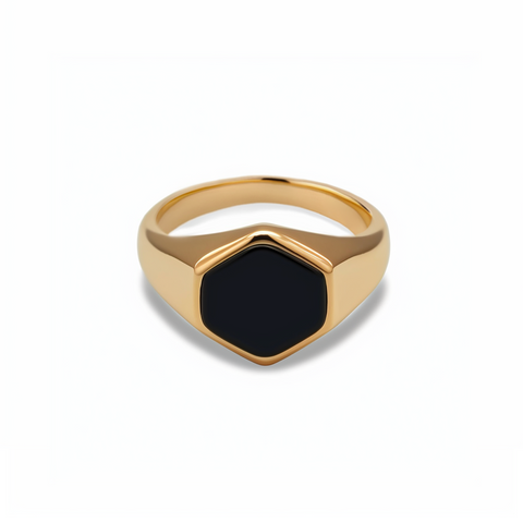 Bedok men's ring by Five Jwlry, featuring a signet style with a black flat hexagon top. Available in 14k gold or silver, crafted from water-resistant 316L stainless steel. Hypoallergenic with a 2-year warranty.