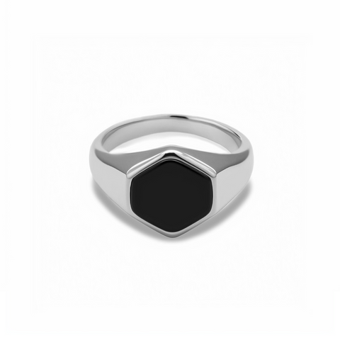 Bedok men's ring by Five Jwlry, featuring a signet style with a black flat hexagon top. Available in 14k gold or silver, crafted from water-resistant 316L stainless steel. Hypoallergenic with a 2-year warranty.