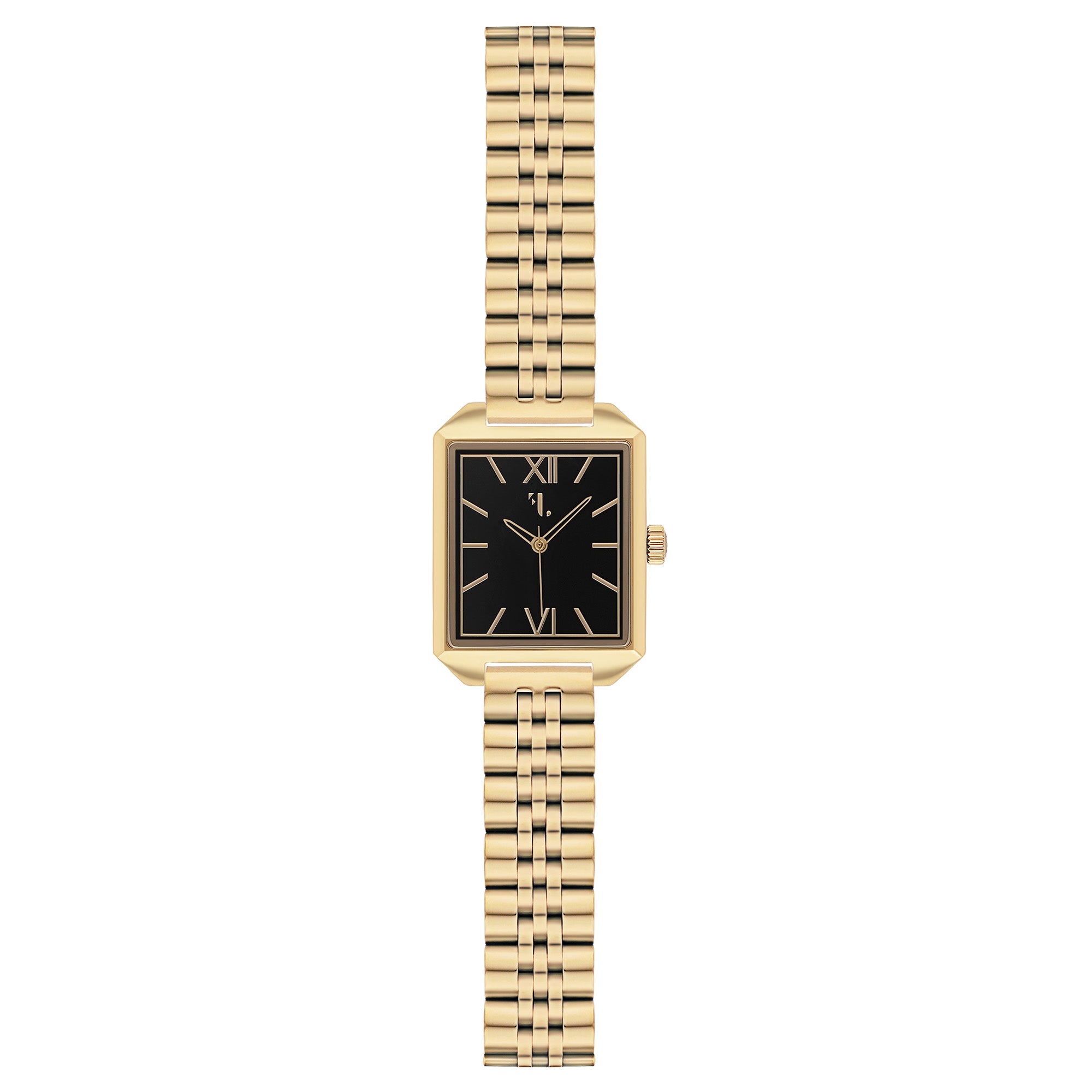 Brera watch by Five Jwlry, showcasing a small square black dial encased in 14k gold with gold handles, paired with a gold link bracelet. Designed in Montreal, it boasts quartz movement, 5ATM water resistance, and a 2-year warranty. Features an interchangeable bracelet using the easy release function.