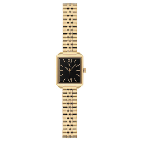 Brera watch by Five Jwlry, showcasing a small square black dial encased in 14k gold with gold handles, paired with a gold link bracelet. Designed in Montreal, it boasts quartz movement, 5ATM water resistance, and a 2-year warranty. Features an interchangeable bracelet using the easy release function."