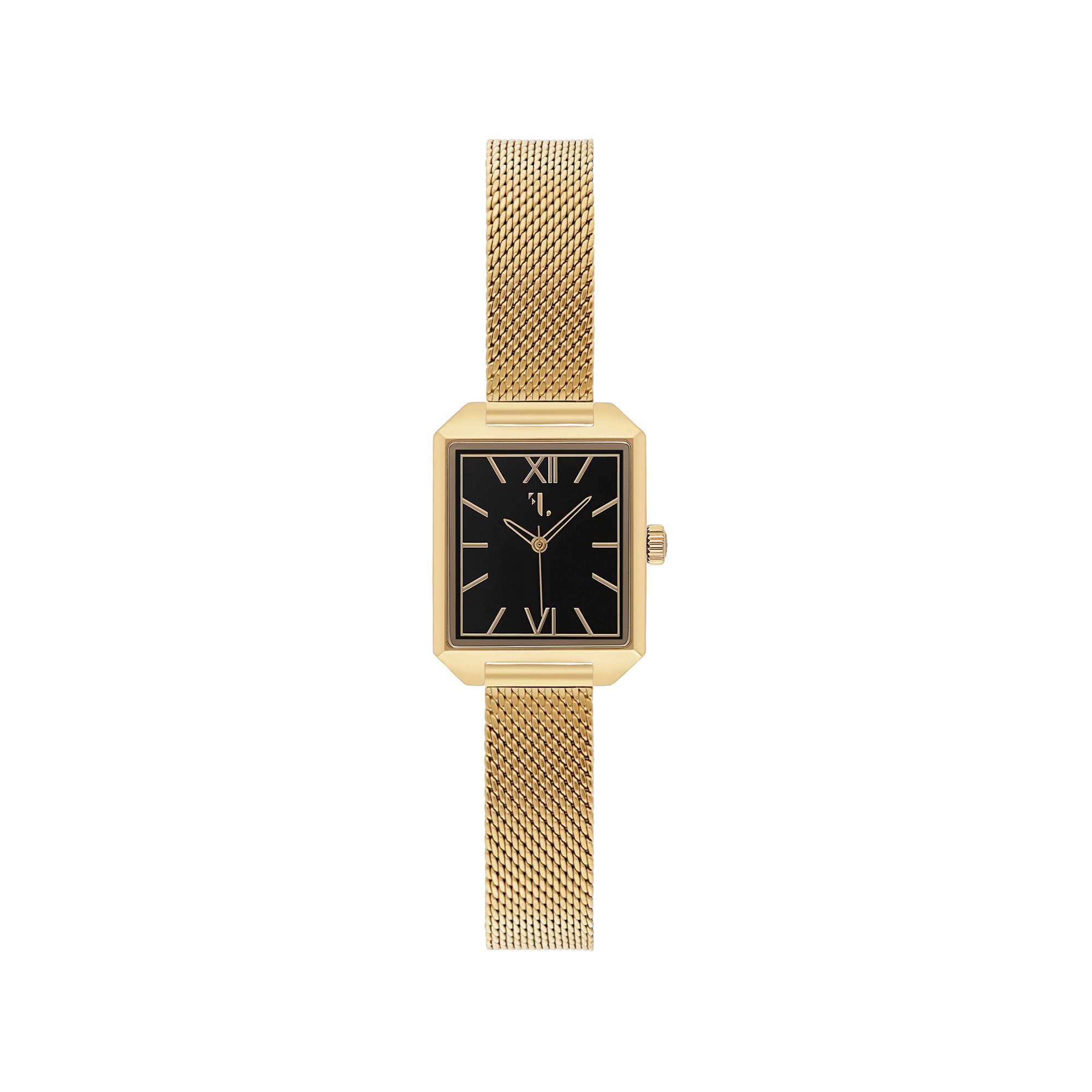 Brera watch by Five Jwlry, showcasing a small square black dial encased in 14k gold with gold handles, paired with a gold mesh bracelet. Designed in Montreal, it boasts quartz movement, 5ATM water resistance, and a 2-year warranty. Features an interchangeable bracelet using the easy release function.