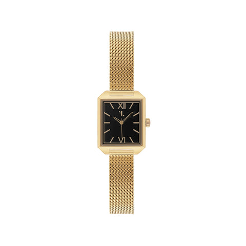 Brera watch by Five Jwlry, showcasing a small square black dial encased in 14k gold with gold handles, paired with a gold mesh bracelet. Designed in Montreal, it boasts quartz movement, 5ATM water resistance, and a 2-year warranty. Features an interchangeable bracelet using the easy release function."
