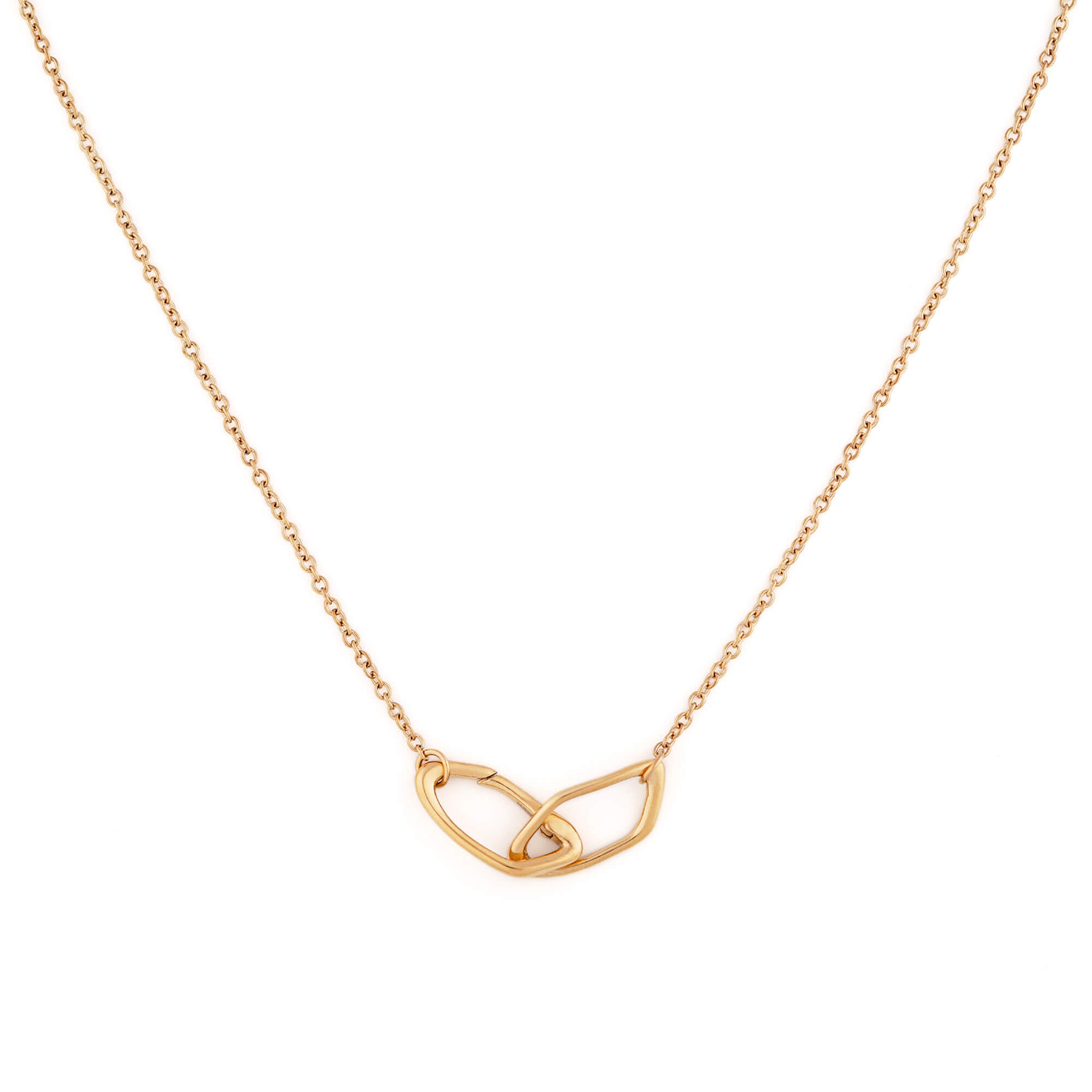 Dusk women's necklace by Five Jwlry, part of Alicia Moffet's collaboration. The necklace showcases a pendant with two organically crisscrossed hoops, cleverly incorporating the clasp. Paired with a fine 2mm cable chain, available in 14k gold or silver, crafted from water-resistant 316L stainless steel. Hypoallergenic with a 2-year warranty.