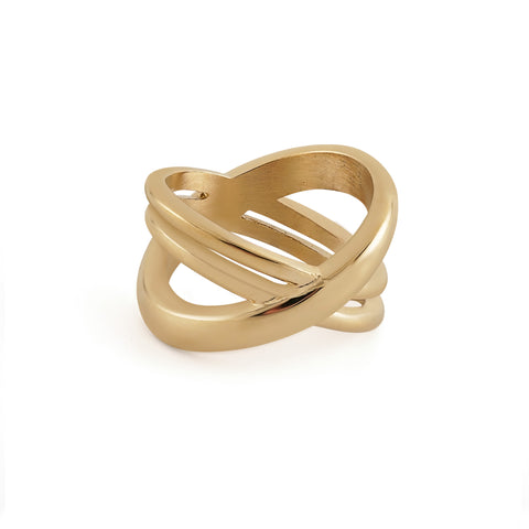 Dusk women's ring by Five Jwlry, part of Alicia Moffet's visionary collaboration. Featuring a captivating triple crisscross design for a bold take on classic style. Available in 14k gold or silver, crafted from water-resistant 316L stainless steel. Hypoallergenic with a 2-year warranty.