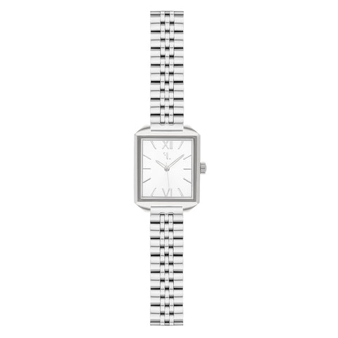 Ixelles watch by Five Jwlry, featuring a small square silver dial with matching silver case, handle, and link band. Designed in Montreal, it offers quartz movement, 5ATM water resistance, and a 2-year warranty. Comes with an interchangeable bracelet using the easy release function