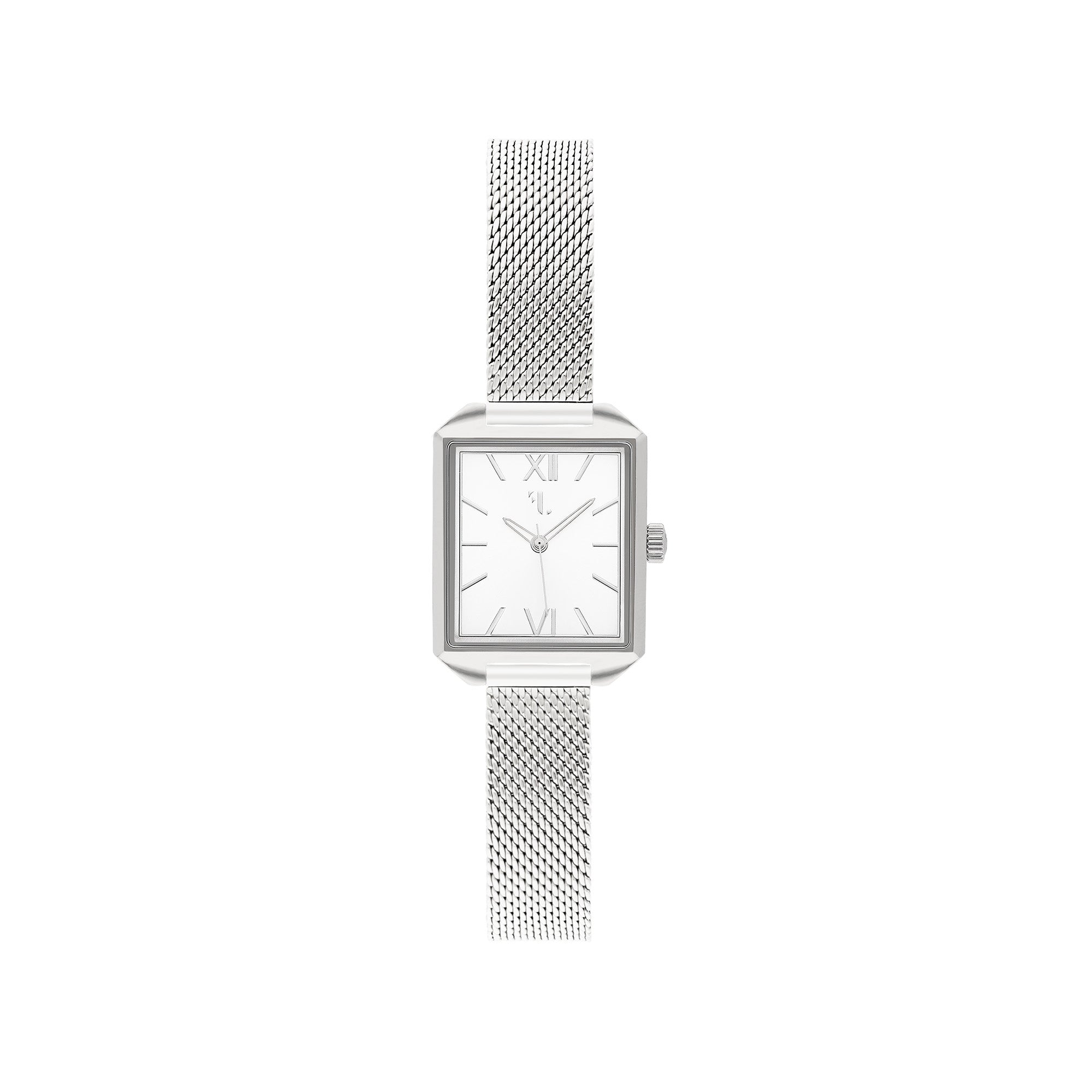 Ixelles watch by Five Jwlry, featuring a small square silver dial with matching silver case, handle, and mesh band. Designed in Montreal, it offers quartz movement, 5ATM water resistance, and a 2-year warranty. Comes with an interchangeable bracelet using the easy release function.