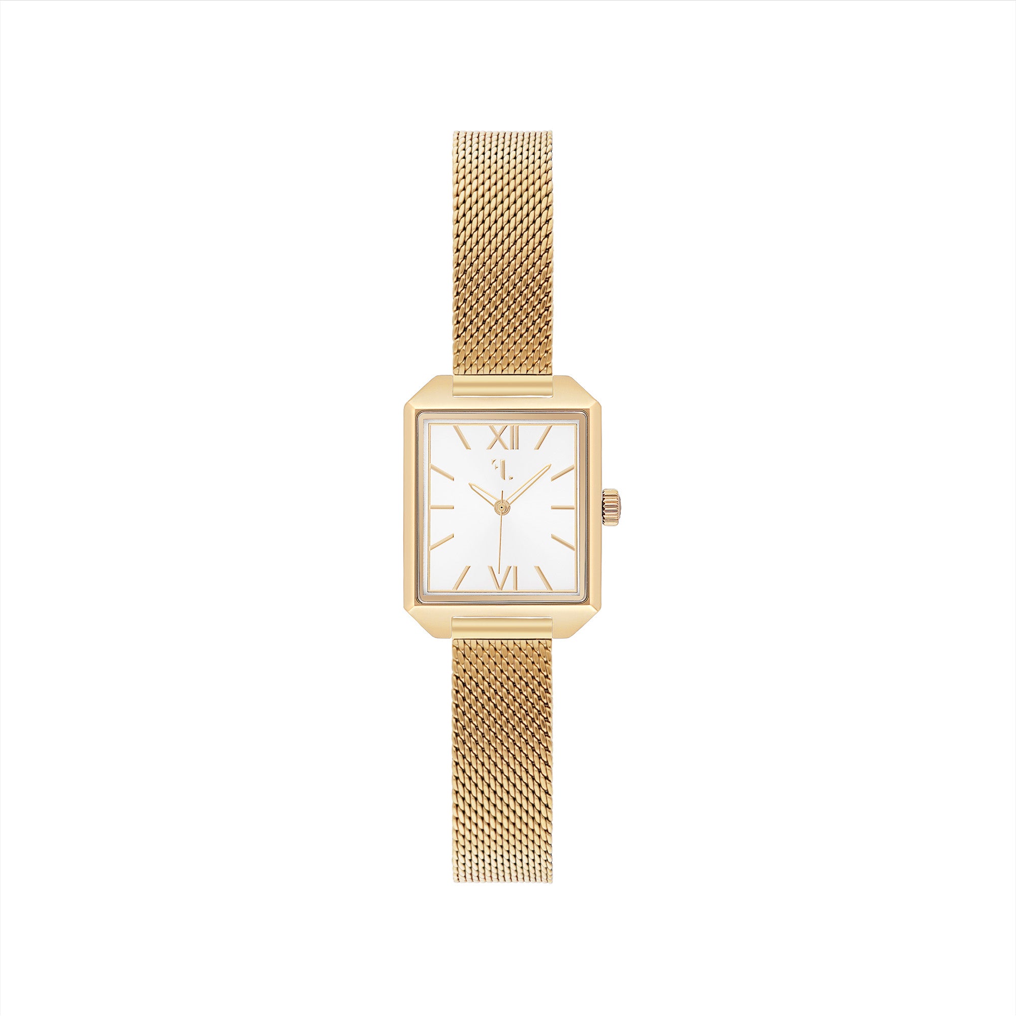 Morningside watch by Five Jwlry, featuring a small square silver dial with 14k gold case and handles, set on a gold mesh bracelet. Designed in Montreal with quartz movement, 5ATM water resistance, and a 2-year warranty. Equipped with an interchangeable bracelet using the easy release function.