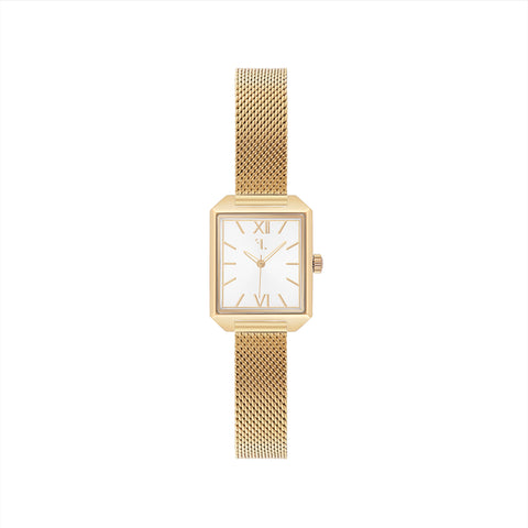 Morningside watch by Five Jwlry, featuring a small square silver dial with 14k gold case and handles, set on a gold mesh bracelet. Designed in Montreal with quartz movement, 5ATM water resistance, and a 2-year warranty. Equipped with an interchangeable bracelet using the easy release function.