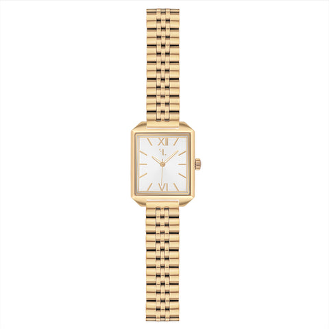 Morningside watch by Five Jwlry, featuring a small square silver dial with 14k gold case and handles, set on a gold link band. Designed in Montreal with quartz movement, 5ATM water resistance, and a 2-year warranty. Equipped with an interchangeable bracelet using the easy release function.