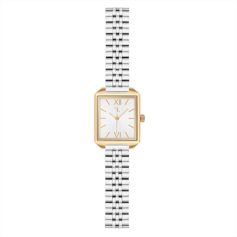 Morningside watch by Five Jwlry, featuring a small square silver dial with 14k gold case and handles, set on a silver link band. Designed in Montreal with quartz movement, 5ATM water resistance, and a 2-year warranty. Equipped with an interchangeable bracelet using the easy release function.