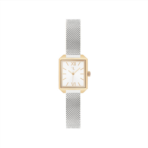 Morningside watch by Five Jwlry, featuring a small square silver dial with 14k gold case and handles, set on a silver mesh bracelet. Designed in Montreal with quartz movement, 5ATM water resistance, and a 2-year warranty. Equipped with an interchangeable bracelet using the easy release function.