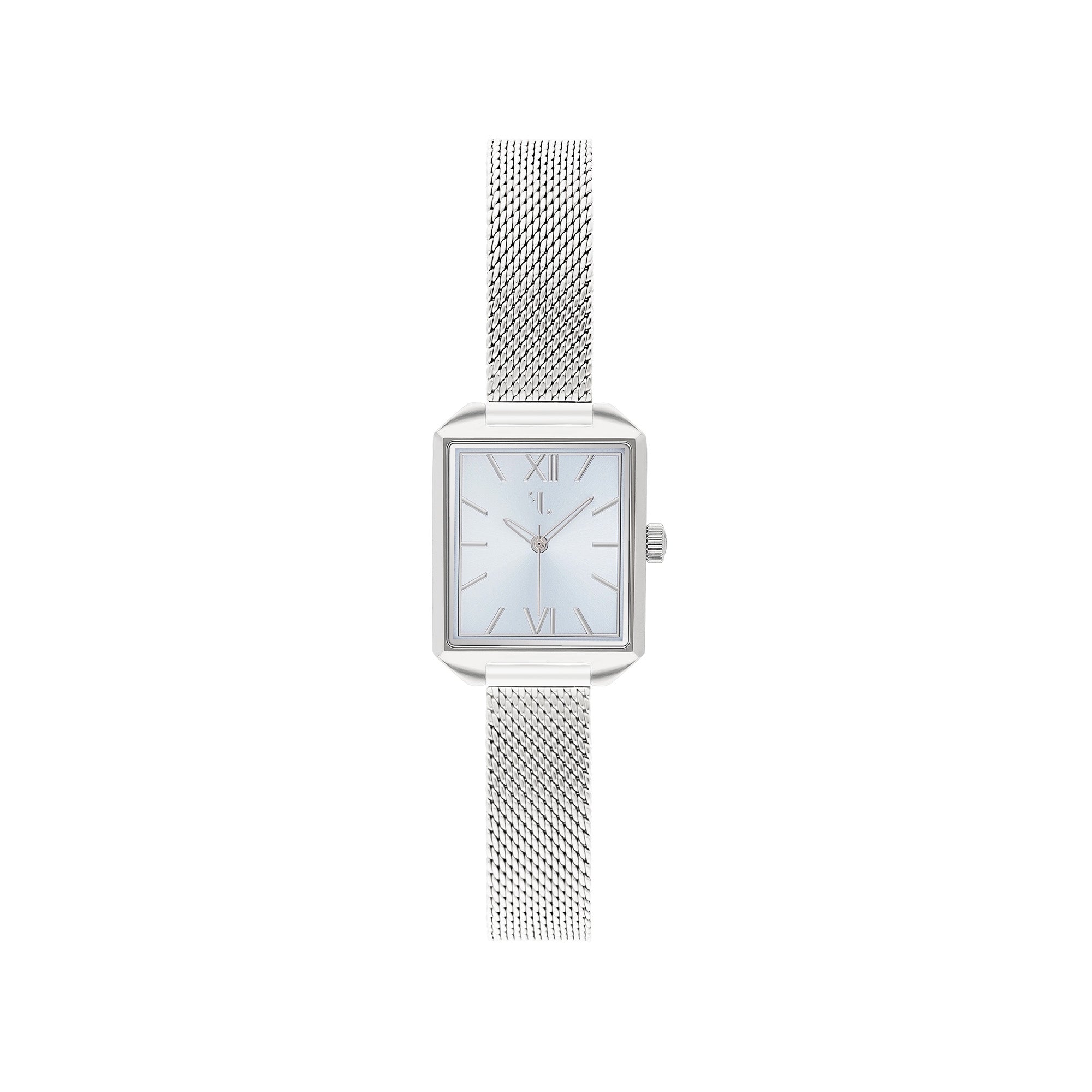 Pacific Heights watch by Five Jwlry, showcasing a small square baby blue shiny dial reminiscent of the ocean, encased in silver with a matching handle and mesh band. Designed in Montreal, it features quartz movement, 5ATM water resistance, a 2-year warranty, and an interchangeable bracelet with the easy release function.