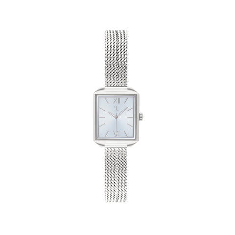 Pacific Heights watch by Five Jwlry, showcasing a small square baby blue shiny dial reminiscent of the ocean, encased in silver with a matching handle and mesh band. Designed in Montreal, it features quartz movement, 5ATM water resistance, a 2-year warranty, and an interchangeable bracelet with the easy release function.