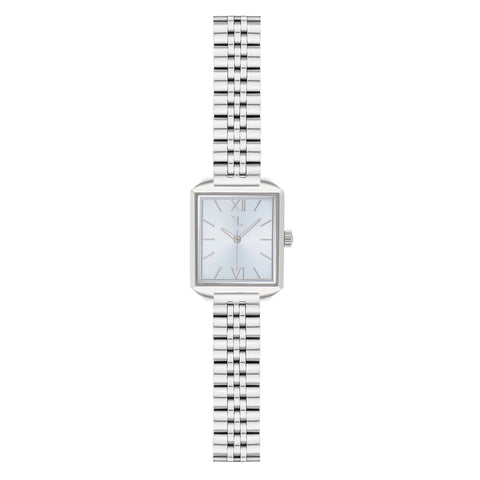 Pacific Heights watch by Five Jwlry, showcasing a small square baby blue shiny dial reminiscent of the ocean, encased in silver with a matching handle and link band. Designed in Montreal, it features quartz movement, 5ATM water resistance, a 2-year warranty, and an interchangeable bracelet with the easy release function.