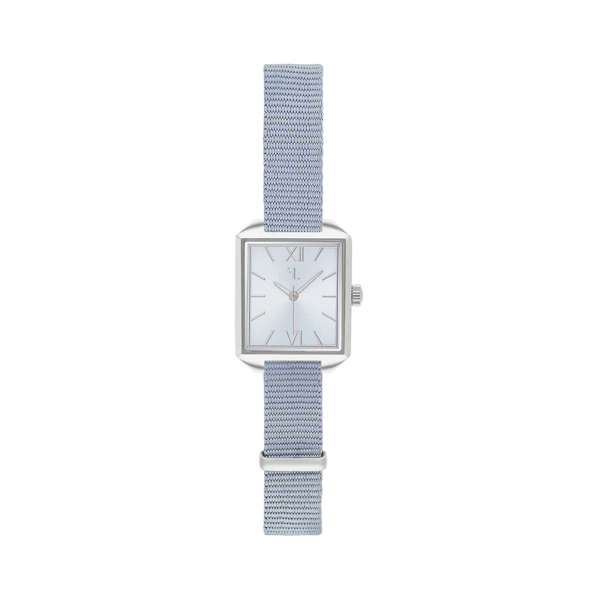 Pacific Heights watch by Five Jwlry, showcasing a small square baby blue shiny dial reminiscent of the ocean, encased in silver with a matching handle and baby blue nato bracelet. Designed in Montreal, it features quartz movement, 5ATM water resistance, a 2-year warranty, and an interchangeable bracelet with the easy release function.