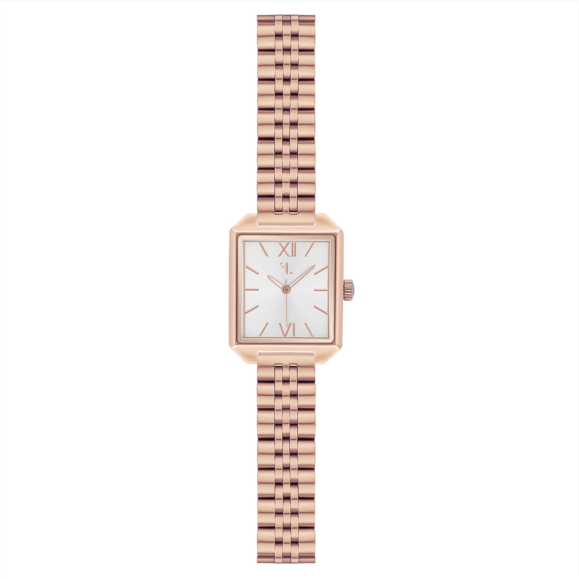 Rosedale watch by Five Jwlry, featuring a small square silver shiny dial set in a rose gold case with matching handle and link band. Designed in Montreal, it boasts quartz movement, 5ATM water resistance, a 2-year warranty, and an interchangeable bracelet with the easy release function.