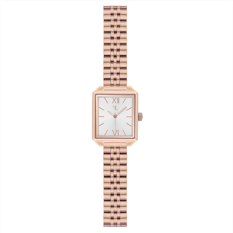 Rosedale watch by Five Jwlry, featuring a small square silver shiny dial set in a rose gold case with matching handle and link band. Designed in Montreal, it boasts quartz movement, 5ATM water resistance, a 2-year warranty, and an interchangeable bracelet with the easy release function.