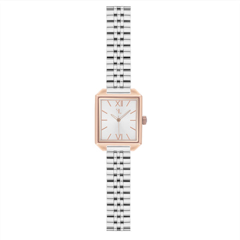 Rosedale watch by Five Jwlry, featuring a small square silver shiny dial set in a rose gold case with matching handle and link band. Designed in Montreal, it boasts quartz movement, 5ATM water resistance, a 2-year warranty, and an interchangeable bracelet with the easy release function.