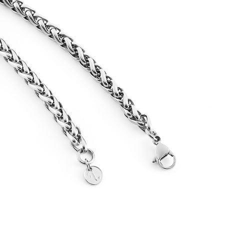 TAGE men's bracelet by Five Jwlry, designed with a 5mm wheat chain inspired by flower basket chains in silver-colored, water-resistant 316L stainless steel. Available in sizes 20cm and 23cm. Hypoallergenic with a 2-year warranty.