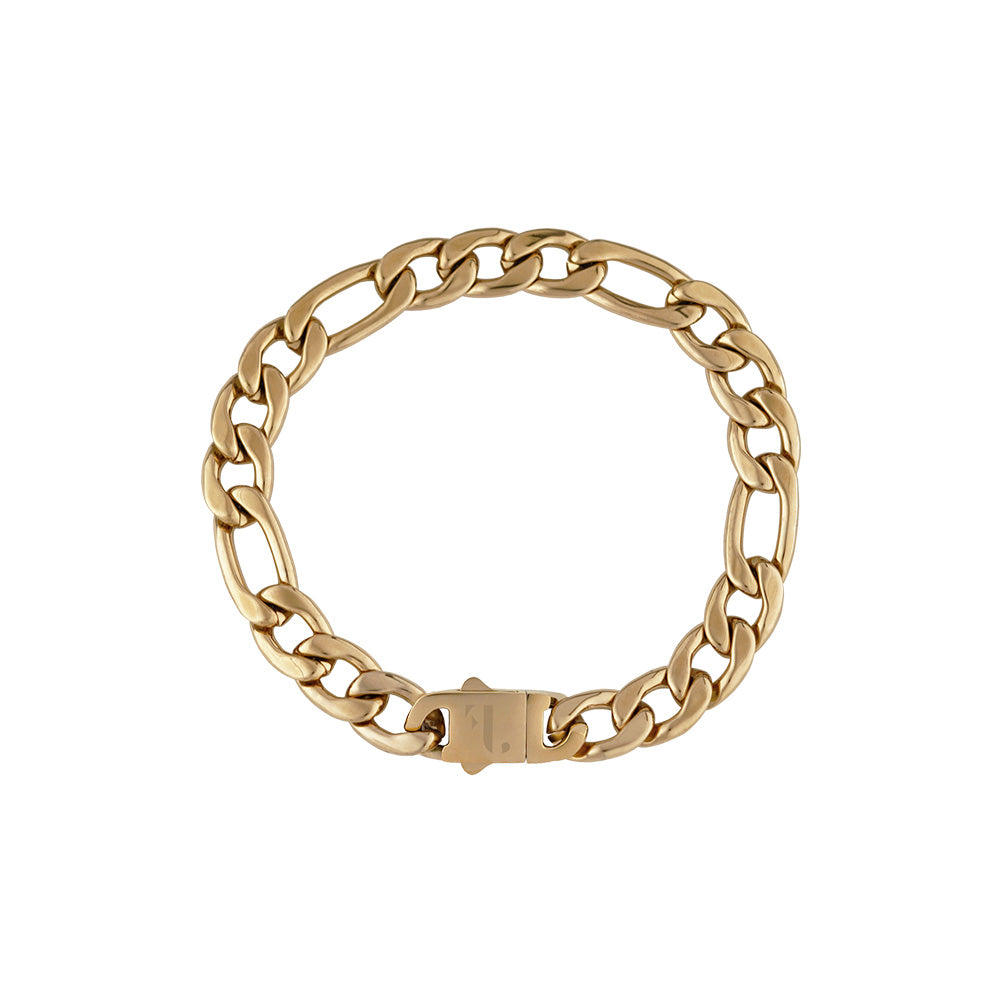 Berg men's bracelet by Five Jwlry, featuring a bold 9mm smooth figaro chain in 14k gold, made from water-resistant 316L stainless steel. Offered in sizes 20cm and 23cm. Hypoallergenic with a 2-year warranty.
