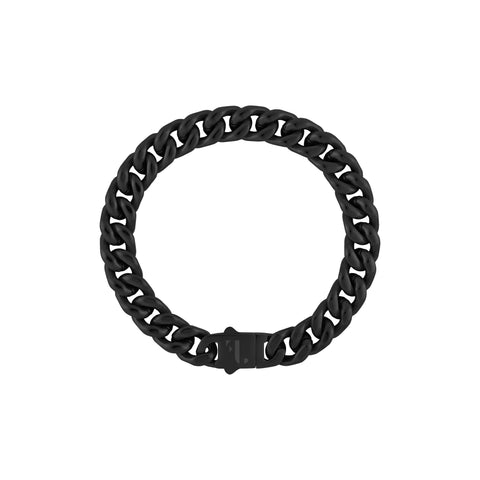 Cass men's bracelet by Five Jwlry, designed with a 10mm tightly woven Cuban link chain in a sleek black hue, crafted from water-resistant 316L stainless steel. Available in sizes 18cm, 20cm, 22cm, and 24cm. Hypoallergenic and accompanied by a 2-year warranty.