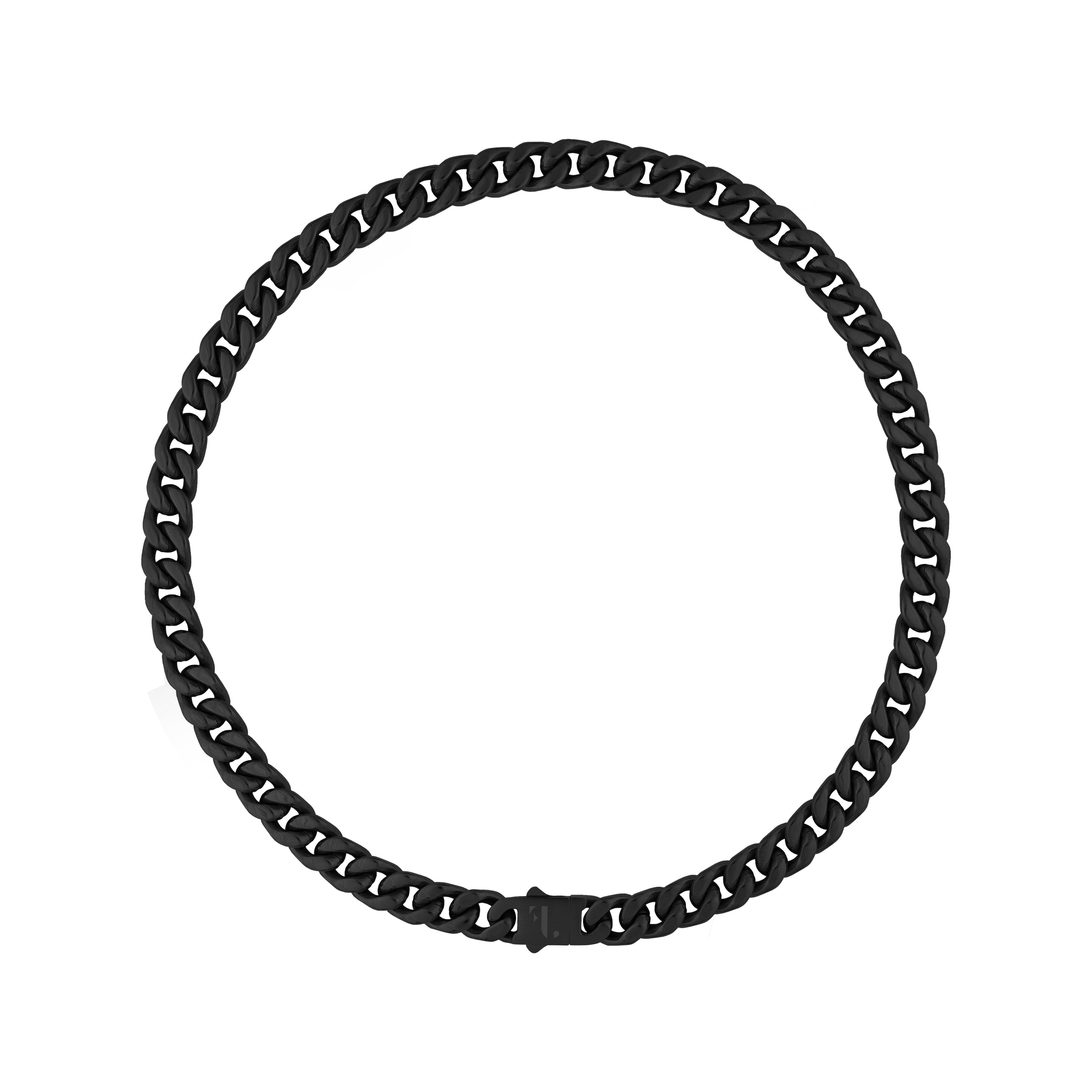 Cass men's necklace by Five Jwlry, designed with a 10mm tightly woven Cuban link chain in a black hue, crafted from water-resistant 316L stainless steel. Available in sizes 40cm, 45cm, 50cm, 55cm and 60cm. Hypoallergenic and accompanied by a 2-year warranty.