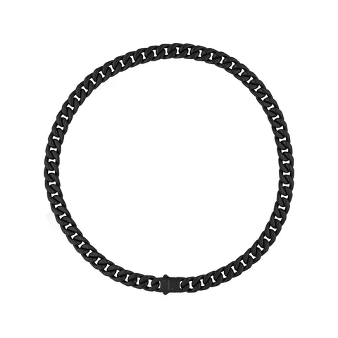 Cass men's necklace by Five Jwlry, designed with a 10mm tightly woven Cuban link chain in a black hue, crafted from water-resistant 316L stainless steel. Available in sizes 40cm, 45cm, 50cm, 55cm and 60cm. Hypoallergenic and accompanied by a 2-year warranty.