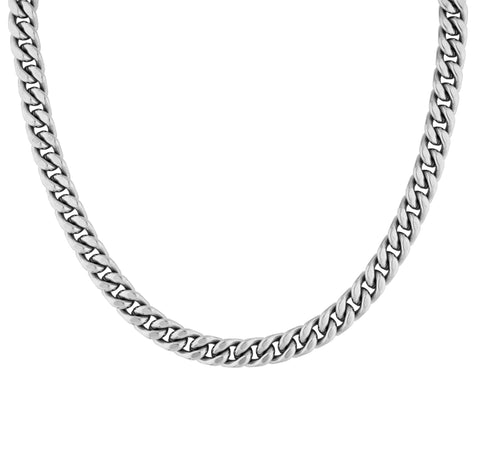 Cass men's necklace by Five Jwlry, designed with a 10mm tightly woven Cuban link chain in a silver hue, crafted from water-resistant 316L stainless steel. Available in sizes 40cm, 45cm, 50cm, 55cm and 60cm. Hypoallergenic and accompanied by a 2-year warranty.