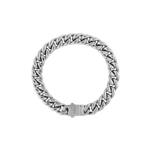 Cass men's bracelet by Five Jwlry, designed with a 10mm tightly woven Cuban link chain in a silver hue, crafted from water-resistant 316L stainless steel. Available in sizes 18cm, 20cm, 22cm, and 24cm. Hypoallergenic and accompanied by a 2-year warranty.