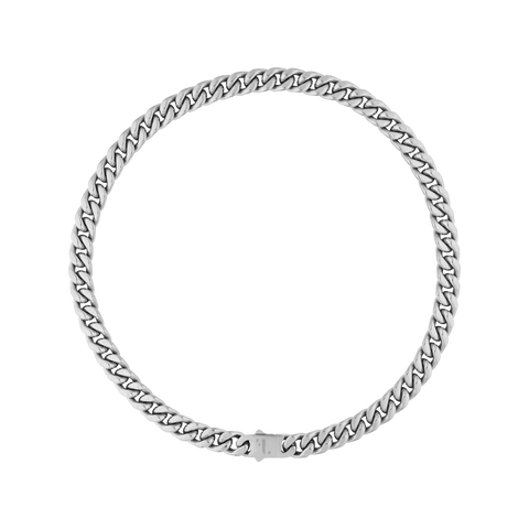 Cass men's necklace by Five Jwlry, designed with a 10mm tightly woven Cuban link chain in a silver hue, crafted from water-resistant 316L stainless steel. Available in sizes 40cm, 45cm, 50cm, 55cm and 60cm. Hypoallergenic and accompanied by a 2-year warranty.