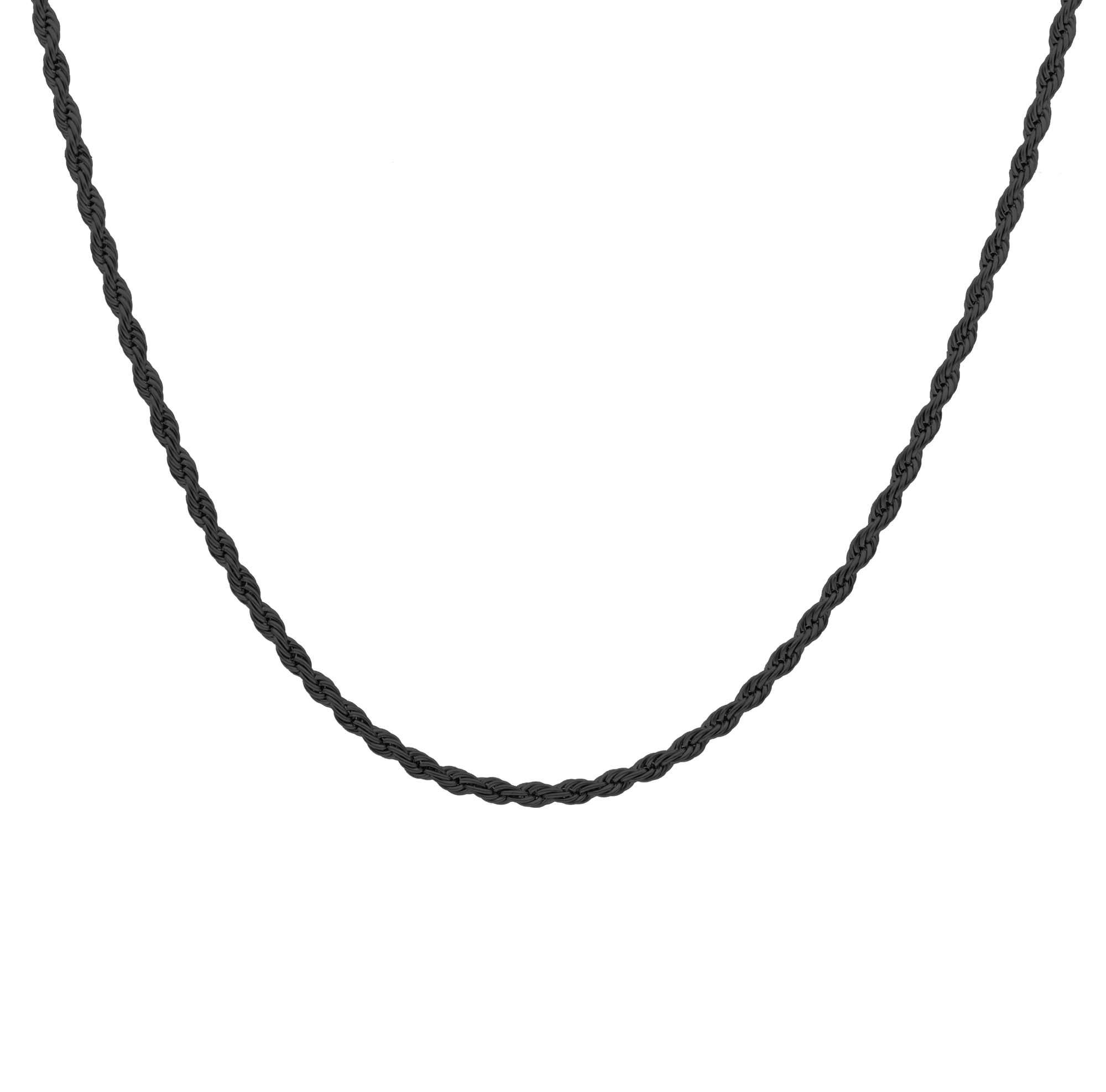 Don men's necklace by Five Jwlry, crafted from a bold 3.5mm French rope twisted chain in black-colored, water-resistant 316L stainless steel. Available in sizes 45cm, 50cm, 55cm and 65cm. Hypoallergenic with a 2-year warranty.