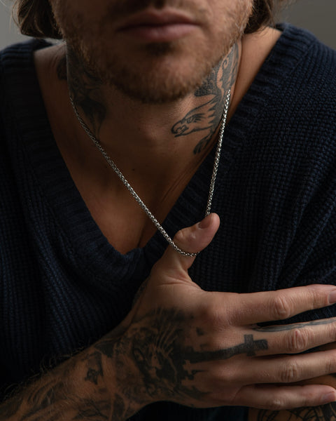 FJ Watches five jwlry jewelry jewel bijou tage necklace collier flower basket chain men homme 3mm stainless steel acier inoxydable 45cm 50cm 55cm 60cm wheat link maillon blé argent silver montreal design canada water proof resistant eau